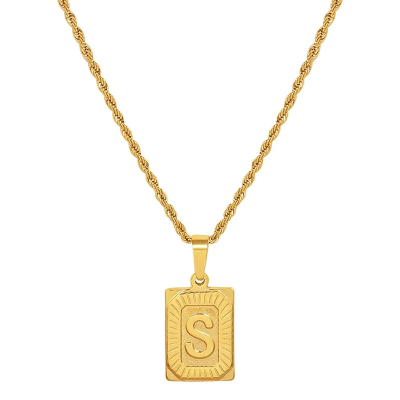 Fashion Women Mens Waterproof Stainless Steel Jewelry 18k Gold Plated Letter Necklace Square Engraved Letter A~Z Initial