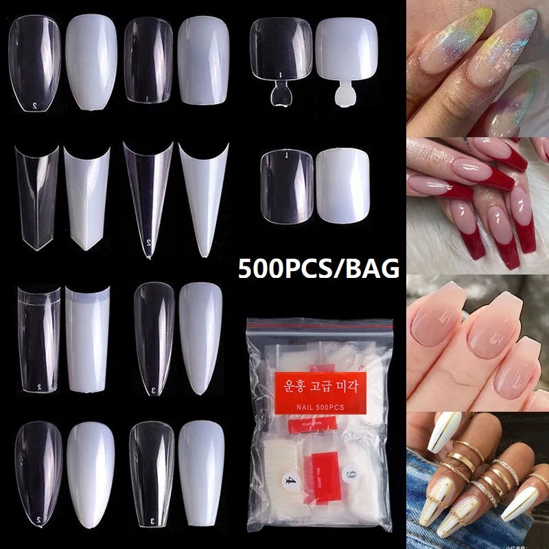 500pcs/bag French Various Sharpe Nail Art Tips Square Coffin Almond C Curved ABS Fake Nails Press on False Nails Manicure Too
