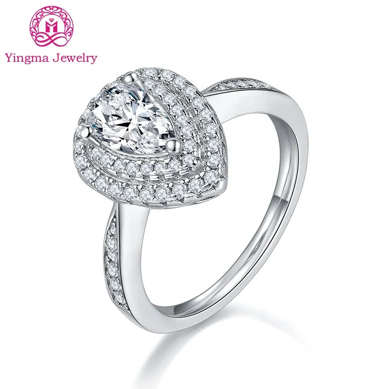 Yingma Jewelry Luxurious Inlaid Mossanite Stones Ring 925 Silver 1.0ct 5*8 mm White Color Pear Shape Engagement MoIssanite Ri