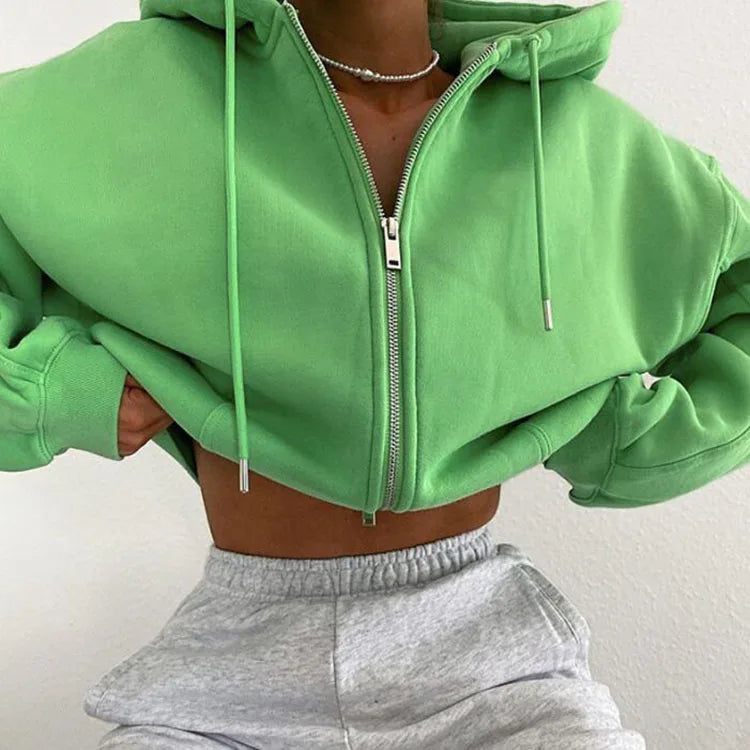Wholesale Autumn Hood Tops Solid Color Custom Womens Green Loose Cardigan Front Zipper Short Hoodies for Woman