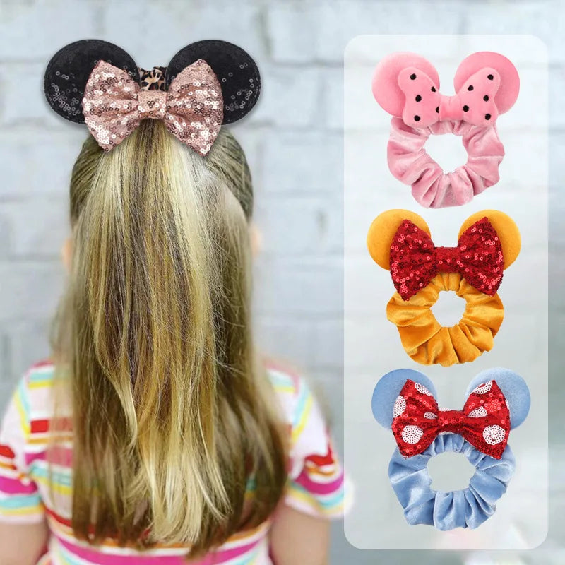 Mouse Ear Scrunchies for Kids Velvet Hair Bow Scrunchies for Women - Sparkle Sequins Mouse Hair Bands for Pony Tail