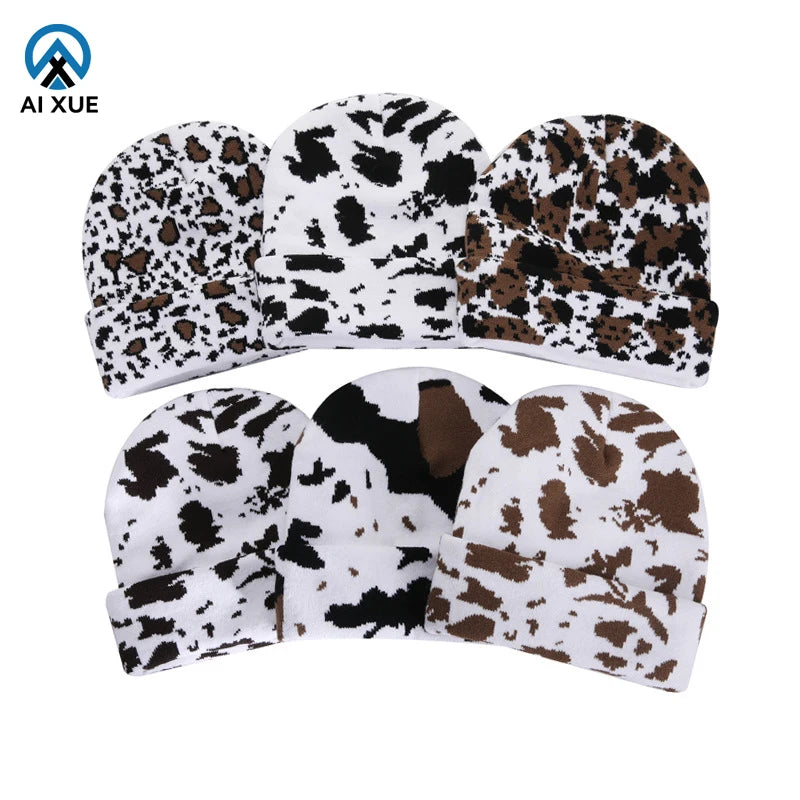 Wholesales Custom Logo Cow Pattern Beanie With Logo Acrylic Warm Hat Winter Warm Outdoor Cycling Hats