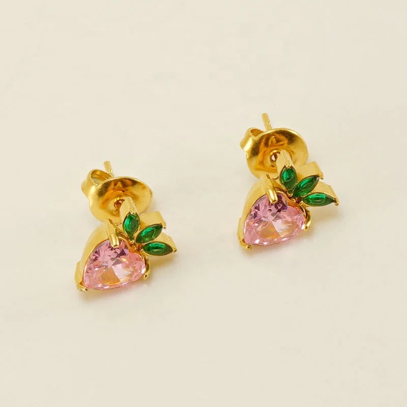 Allergy Free Stainless Steel pink Zircon Fruit Cute Charms Earrings Zircon Stone Stud Summer Earrings