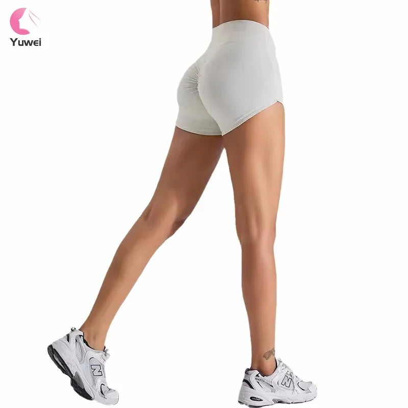 Women's High Waist Nylon Workout Shorts Solid Pattern Gym Athletic Yoga & Running Scrunch Sport Shorts with Pockets