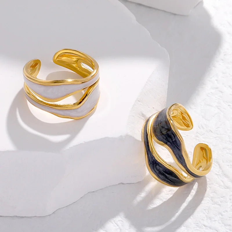 Popular 18K Gold-Plated Opening  Adjustable Ring No Fade Irregular Drip Oil Enamel Stainless Steel Ring for Women Jewelry