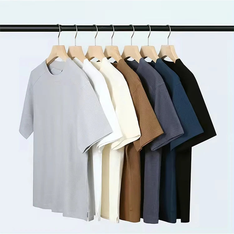 Factory Custom Logo Blank Short Sleeve Waffle Tshirt Breathable Drop Shoulder Tshirt Men's Loose Tshirt