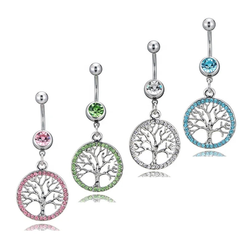 Popular Sexy Dangle Rhinestone Plant Belly Piercing Body Jewelry Color Crystal Life Tree Shape Belly Rings