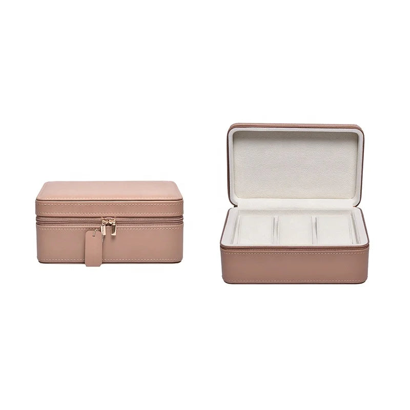 Rectangle 3 Slot Light Brown Genuine Leather Zipper Portable Travel Watch Storage Organizer Case