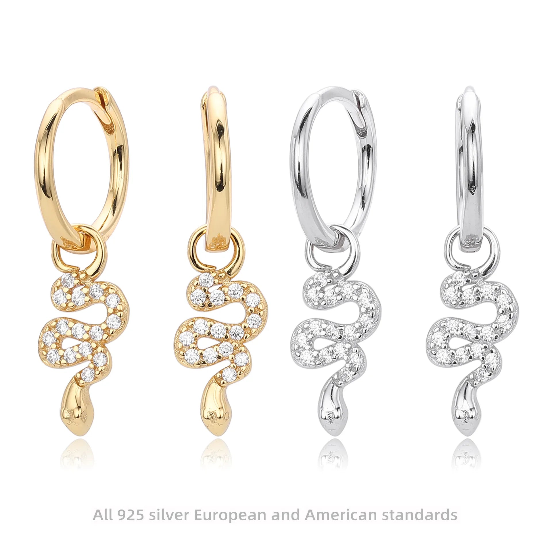 Fashionable CZ Zircon 18K Gold Jewelry 925 Sterling Silver Snake Drop Hoop Earrings Women