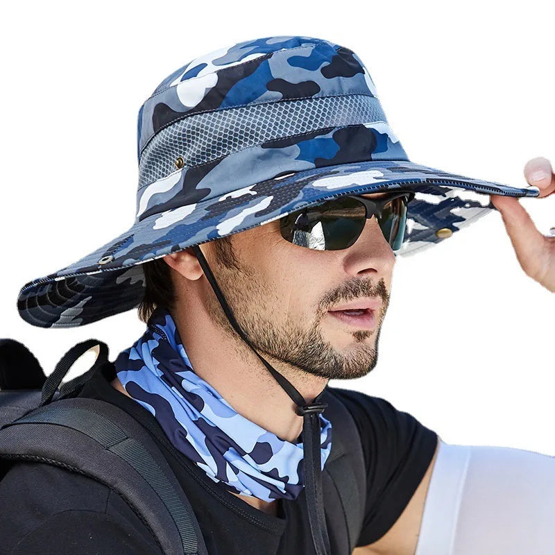 Adjustable Camo Safari Bucket Fishing Boonie Hat Outdoor Wide Brim Camo Fishing Cap Fisherman Bucket Hat With String