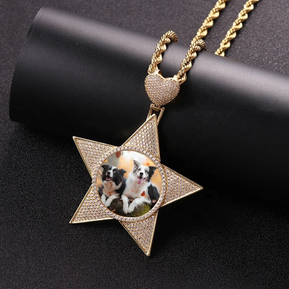 New Iced DIY Heart Hook Pentagram Photo Custom Private Custom Hip Hop Gold Brass Sublimation Picture Necklace Memory Medallio