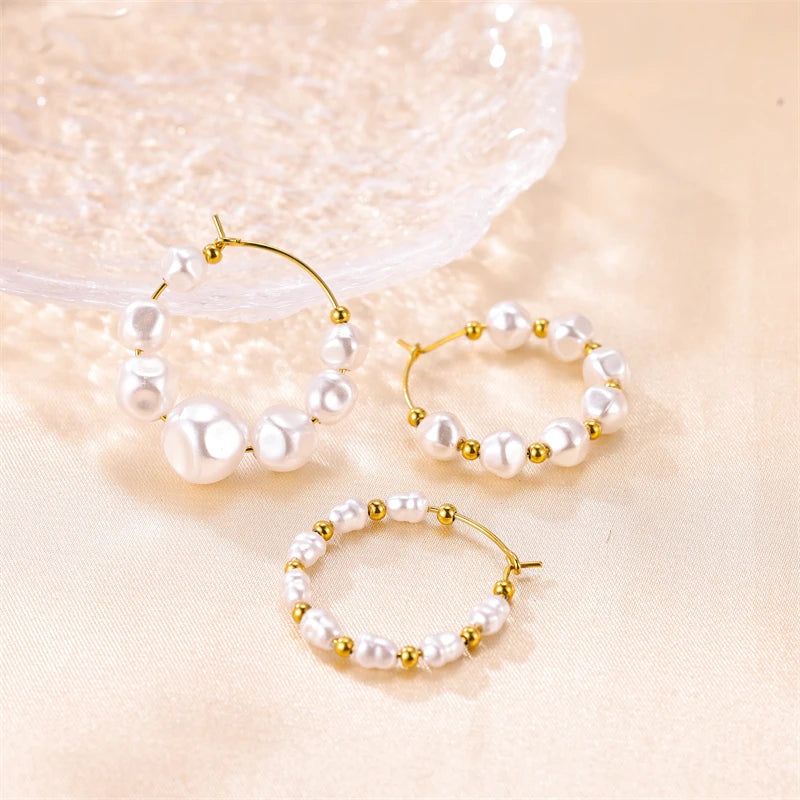 2024 Fashion Pearl 18K Gold Plated Stainless Steel Earrings Light Luxury Beads Hoop Earrings Jewelry for Women
