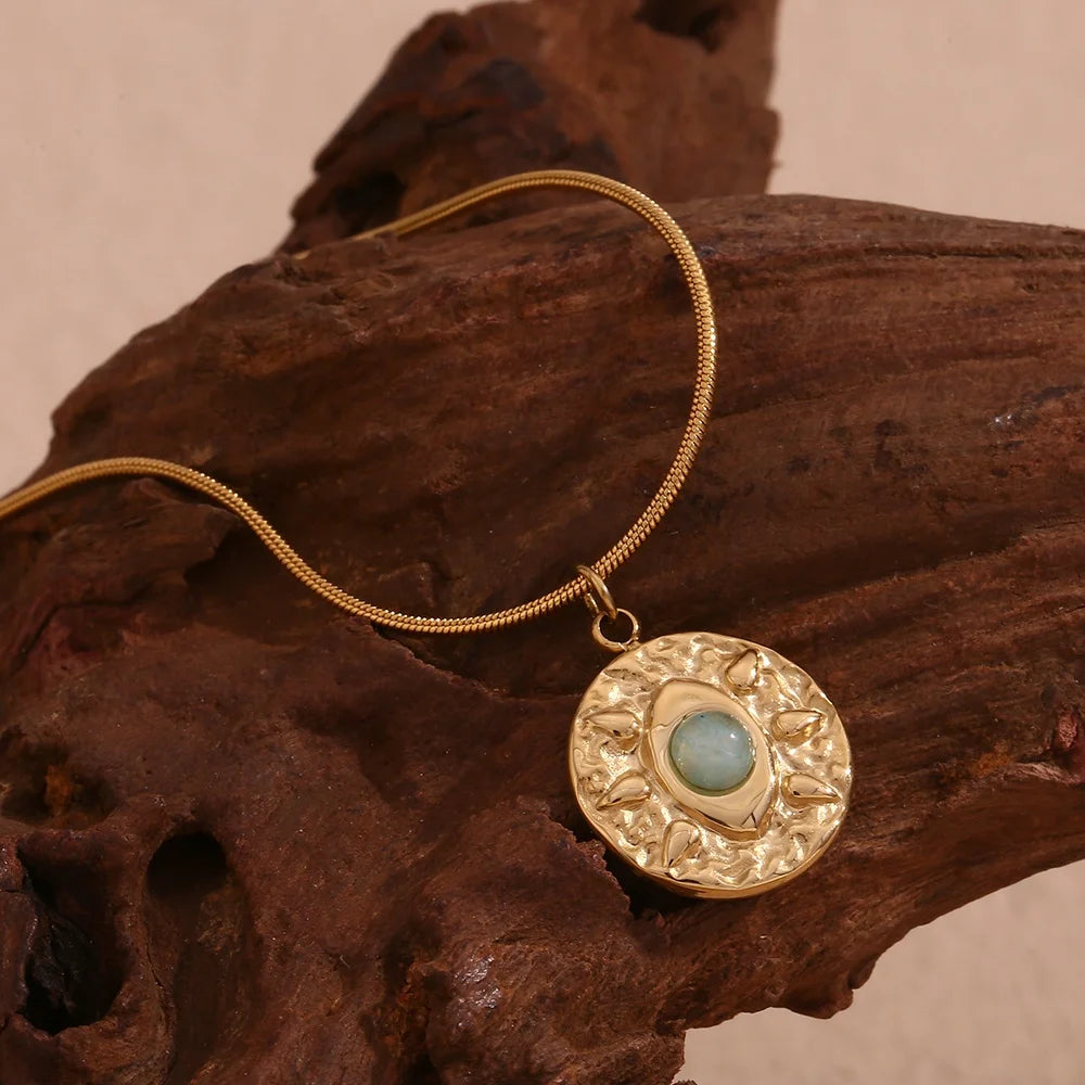 Amazonite Snake Chain Gemstone Evil Eye Pendant Necklace Stainless Steel Jewelry Gold Plated Necklace