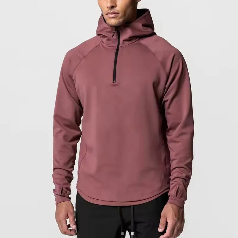 Custom Logo Men's Pullover Sweatshirt 4-Way Stretch Lightweight Mock Neck Quater Zip Sports Training Hoodie with Thumb Hole