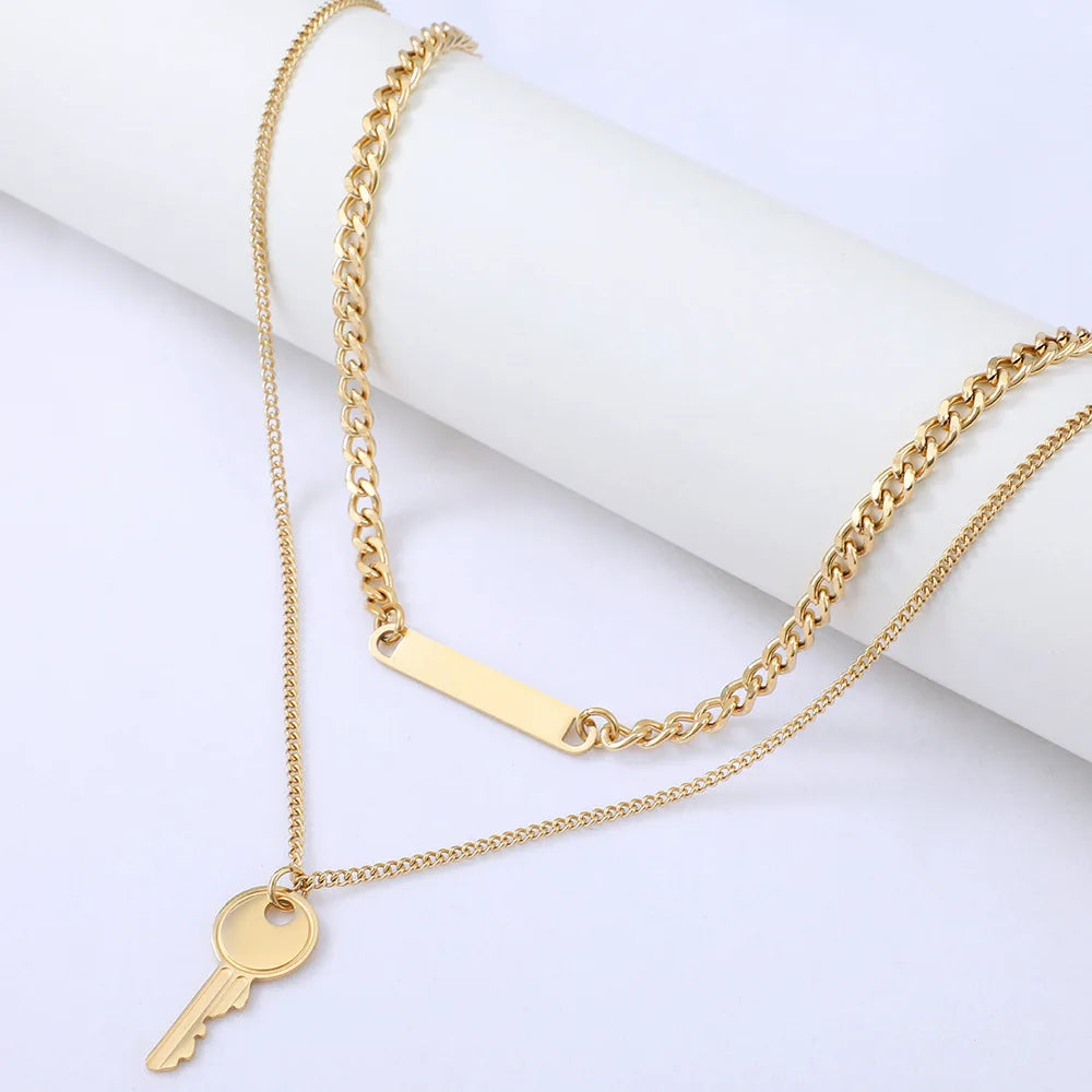 Fashion 18K Gold Plated Stainless Steel Key Pendant Necklace Double Layered Strand Casual/Sporty Anniversary Jewelry Unisex