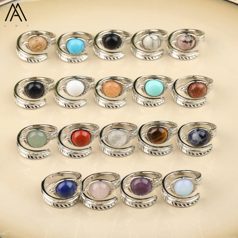 Wholesale Gemstone Round Bead Double Ring Silver Jewelry Trendy Gifts