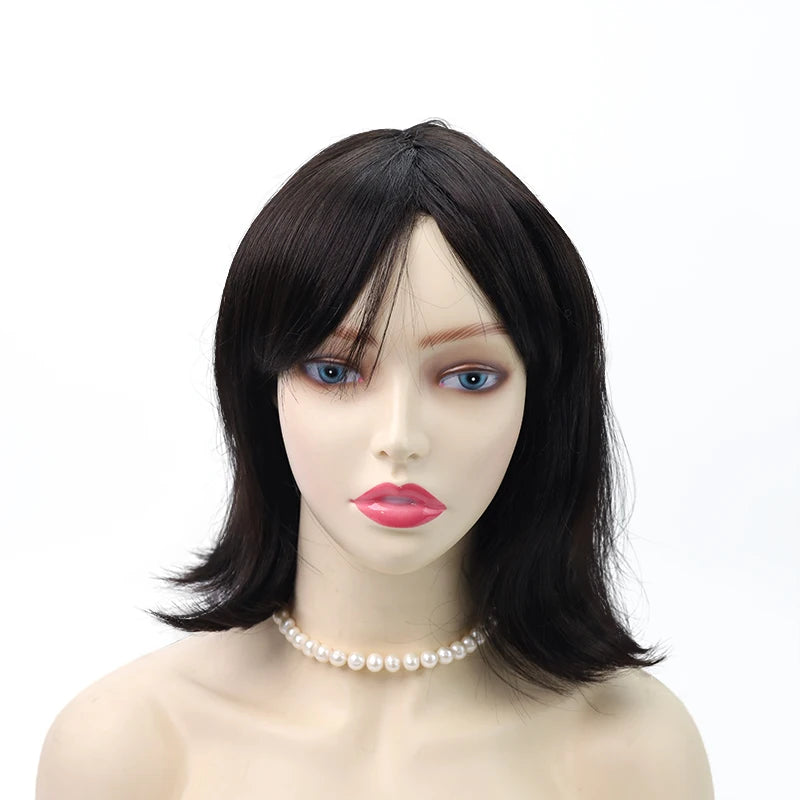 EMEDA Real Headgear Age Reduction Human Hair with 50% Synthetic Wig with Bangs bob Straight Daily Hair Machine Made Wig