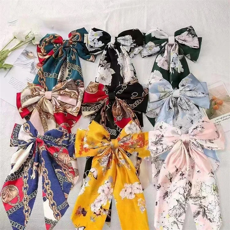 Designer Hair Bow Fabric Soft Long Tail Large Bow Hair Clip Vintage Silk Elegant Hair Accessories Baby Girls Bows