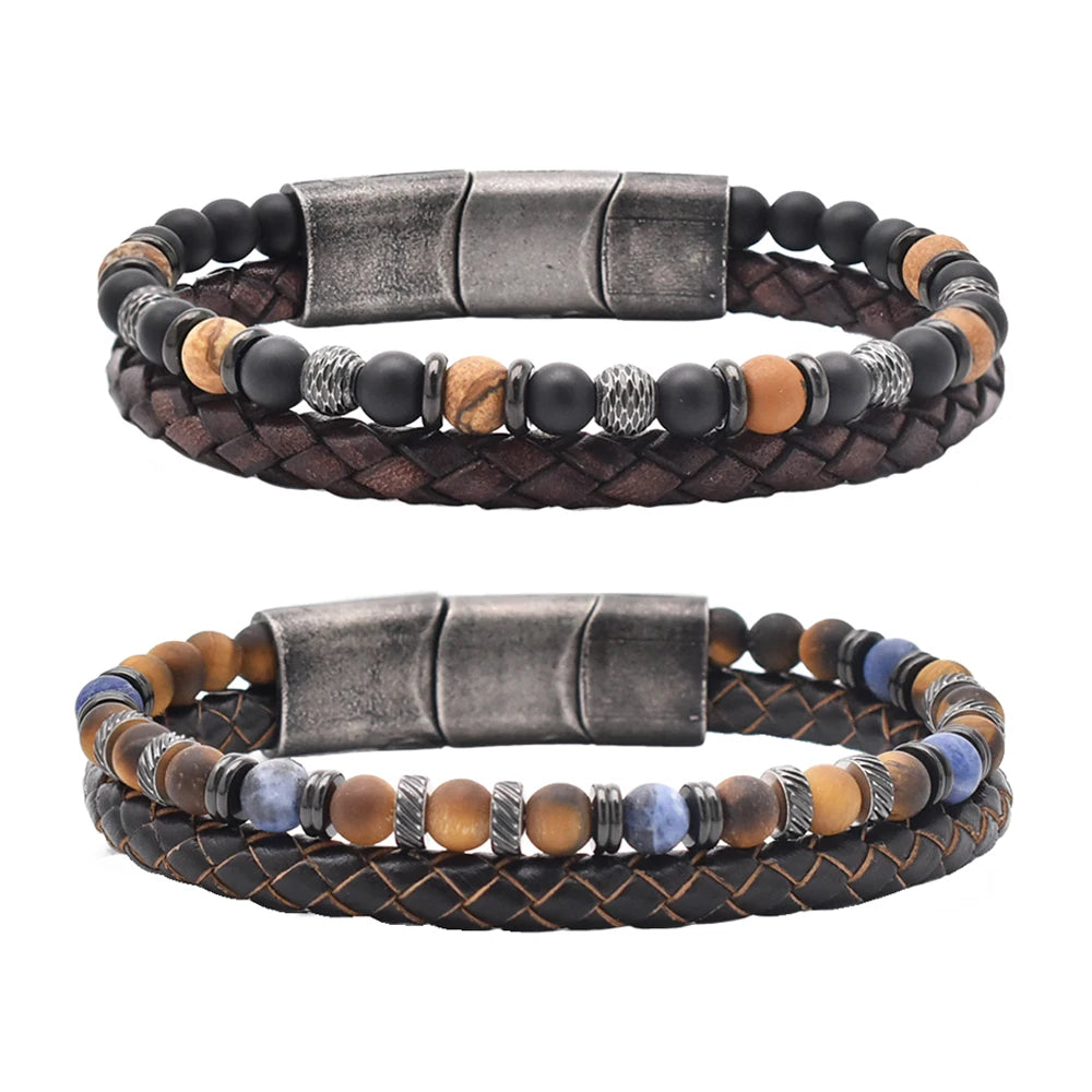 Vintage Double Layer Stainless Steel Bracelet for Men Adjustable Braided Leather with Natural Stone Beads Gift Wristband Jewe