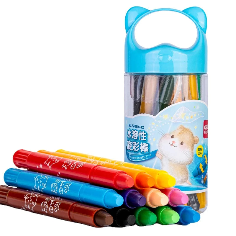 Deli 72084-12 12pcs/barrel Portable Rotatable Oil Pastel Washable Crayons for Children 80barrel*12pcs=960pcs Per Carton Set