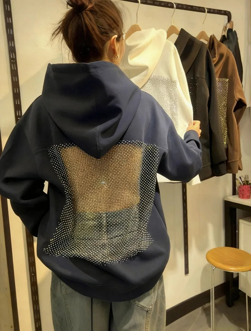 Loveda Custom Logo Women Casual Loose Solid Color Backless Openwork Mesh Sweatshirt Hoodie