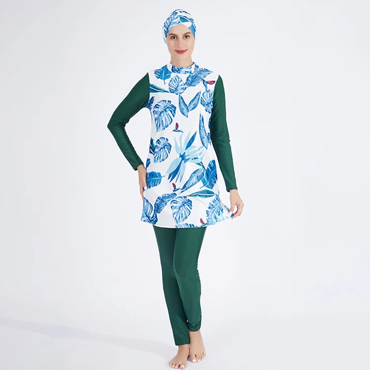 Leaf Print Muslim Swimwear Girls Women Modest Hijab Long Sleeves Printing 3Pcs Islamic Muslim Swimsuit Swimwear