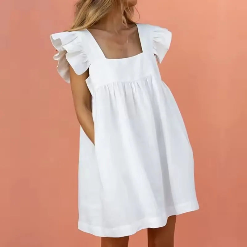 LOOSE Style Small Dress Summer Square Neck Ruffle Edge Sleeves Contrast Panel Large Hem Loose Fitting Dress Leisure