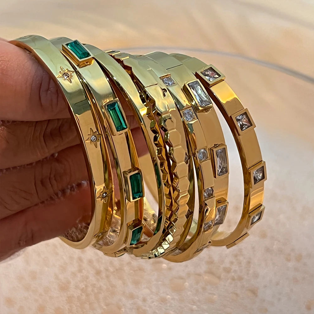 CLIORO Waterproof Stainless Steel Gold Plated Green White Zircon Simple Bracelet Bangle Woman