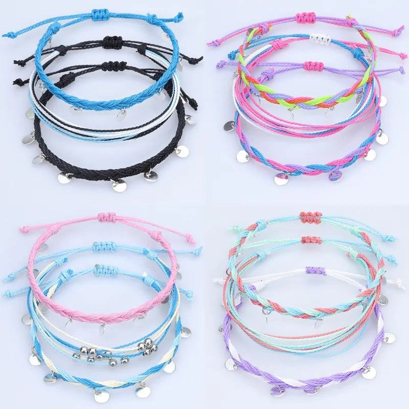 3Pcs Colorful Wax String Summer Ankle Bracelet Summer Beach Boho Braided Adjustable Rope Anklets With Round Coin Charm for Wo