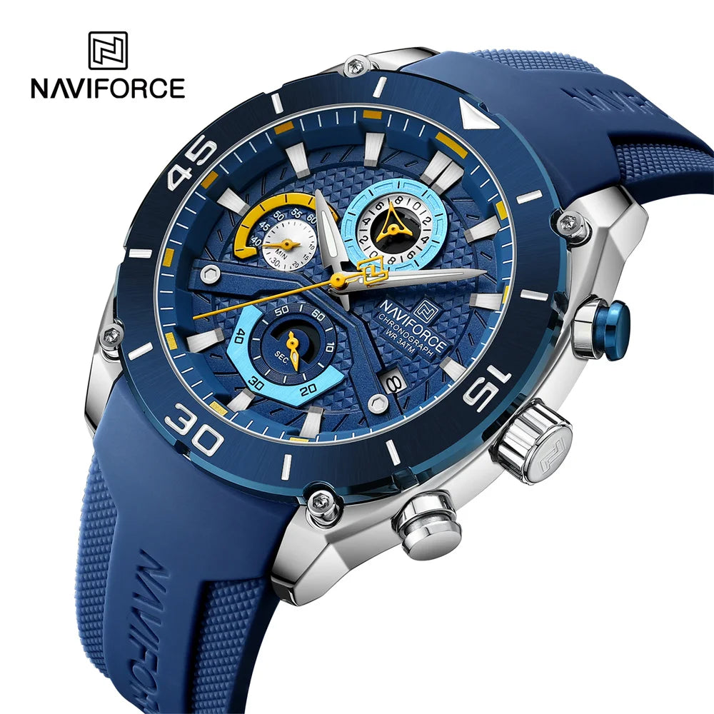 NAVIFORCE 8038 Blue Large Dial Silicone Waterproof Quartz Watch for Men Small Three Needle Male Luminous Hands Clock