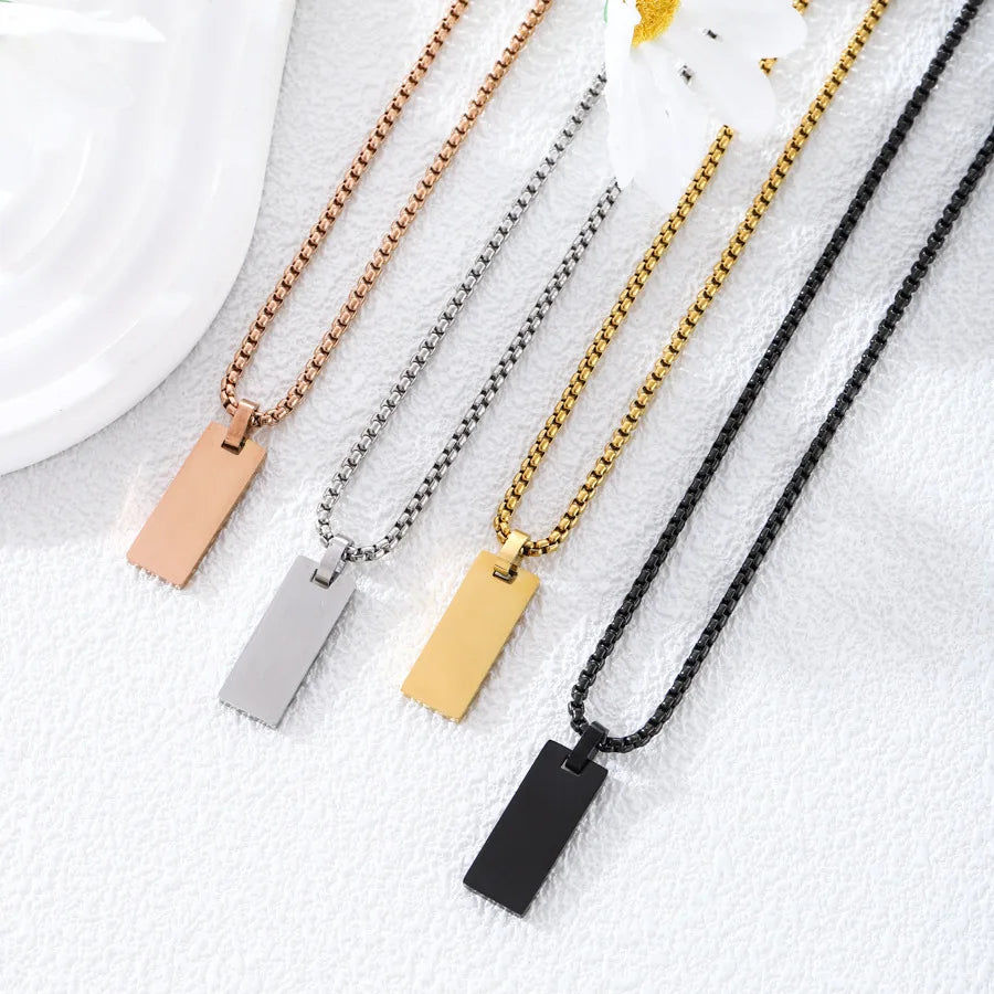 New Fashion Stainless Steel Engraved Letter Pendant Necklace Custom Logo Vertical Bar Pendant Charm Square Rolo Chian Necklac
