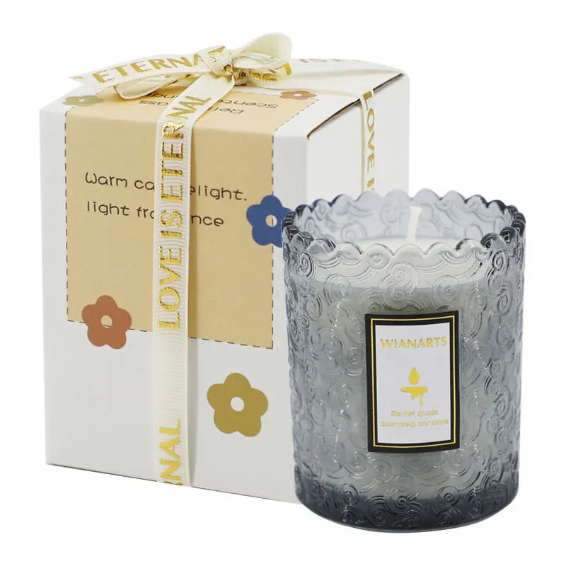 Embossed Glass Cup Manufacturer Natural Essential Oil Pure Soy Wax Home Decor Scented Candle for Relaxing and Calming