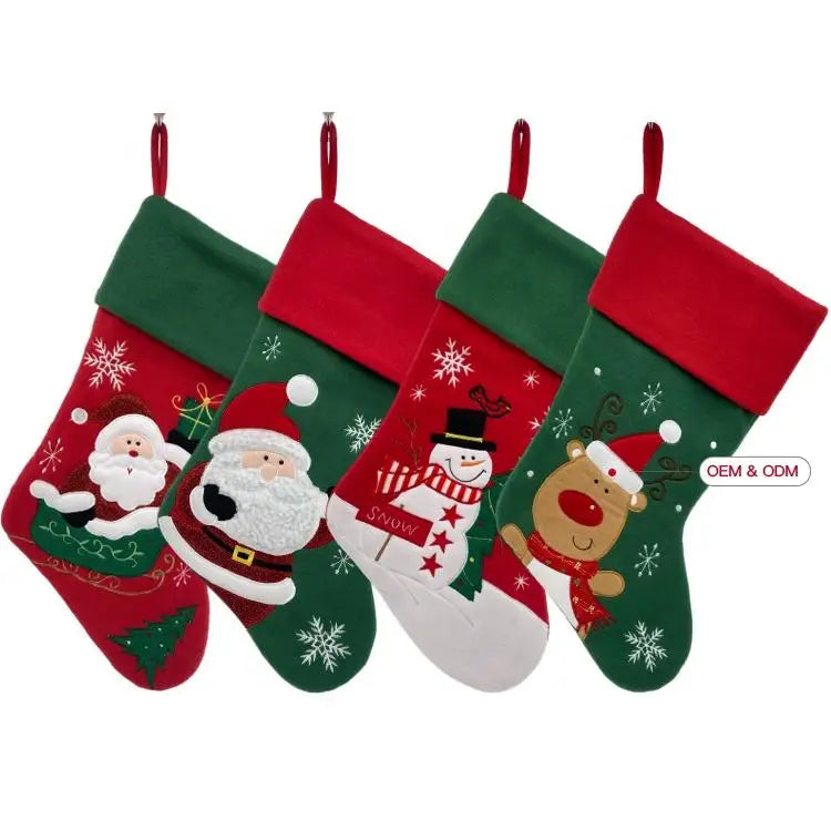 Wholesale Cute Embroidery Polyester Christmas Stockings Santa Claus Snowman Reindeer Present Christmas Tree Decoration 45x26x