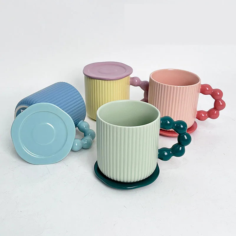 Macaron Color Matte Vertical Print Mug with Lid Sugar Gourd Handle Coffee Mug
