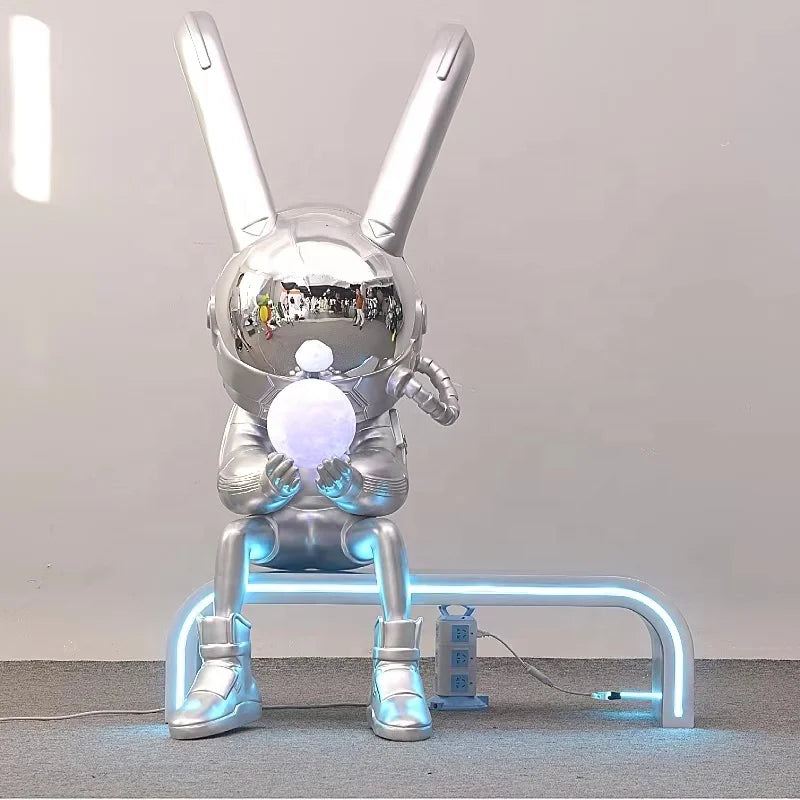Landscape Resin Animal Statue Electroplated Silver Space Rabbit Sculpture Fiberglass Figure Props