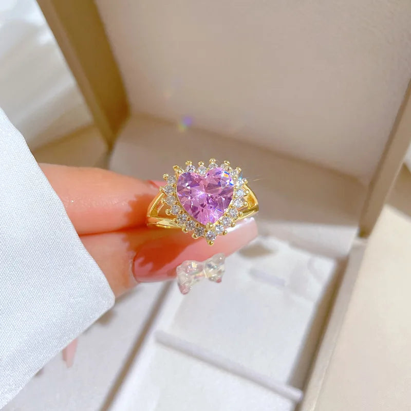 Simple Women Gold Plated Heart Shaped Finger Ring Jewelry Pink Cubic Zirconia CZ Heart Wedding Ring for Gift