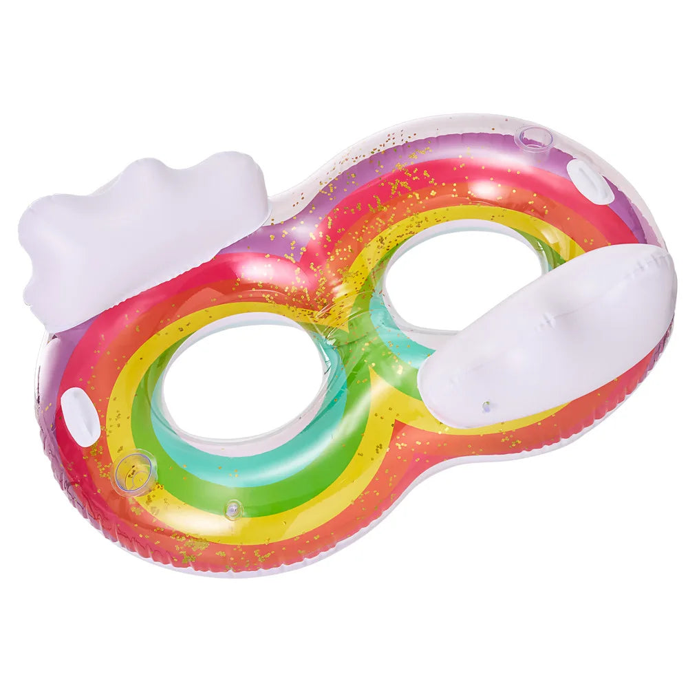 New Design Two Person Inflatable rainbow Swimming Ring with Glitters Inside