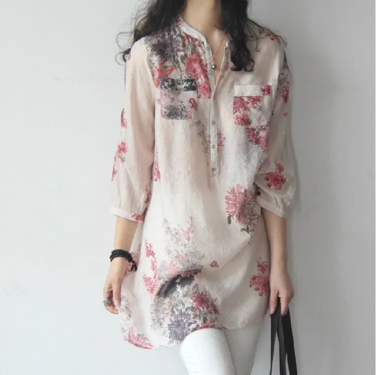 Fashion Cotton Linen Floral Blouse Shirt Casual Loose Buttons Tops Casual Summer Ladies Female Women Long Sleeve Blusas Pullo