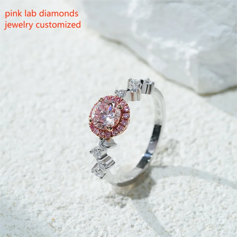 18K Solid Gold Rhodium Plated Fine Jewelry Starsgem Custom Ring Pink 1ct Diamond Wedding Halo DEF VVS Party Diamond Ring