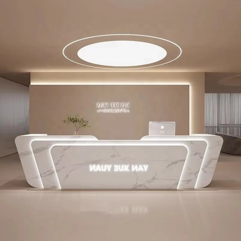 Modern Marble MDF Front Reception Desk LED Light Reception Desk with logo Salon Shop Wooden Reception Desk