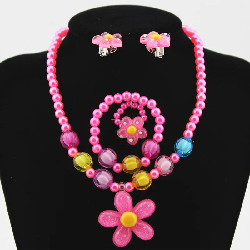 Wholesale Kids Pearl Beaded Jewelry Set Sweet Pink Acrylic Flower Beads Necklace Earrings Ring Bracelet Set for Little Girls