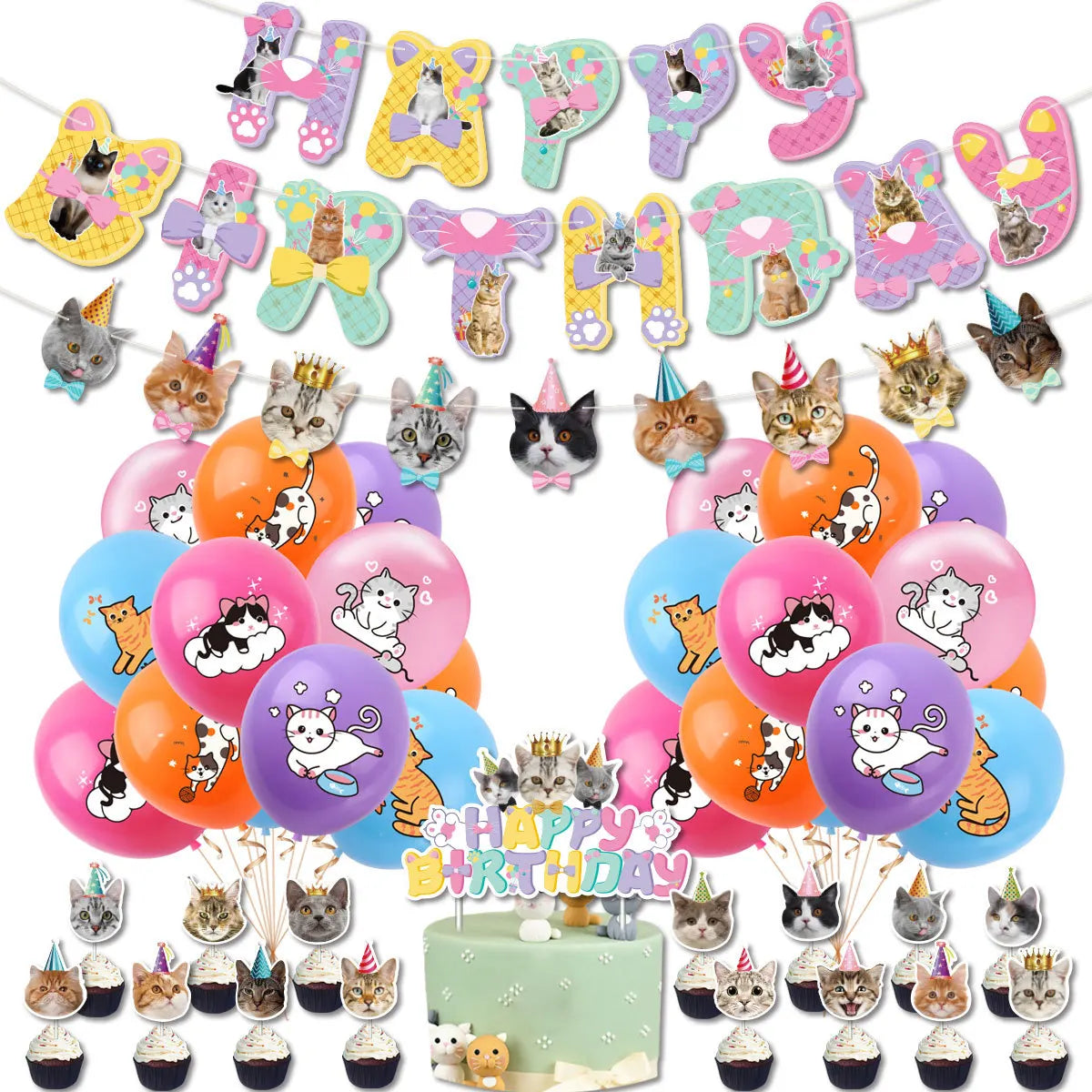 Cat Pet Animal Birthday Happy Birthday Banner Cupcake Toppers Balloons Globos Birthday Party Supplies Decoration Kid