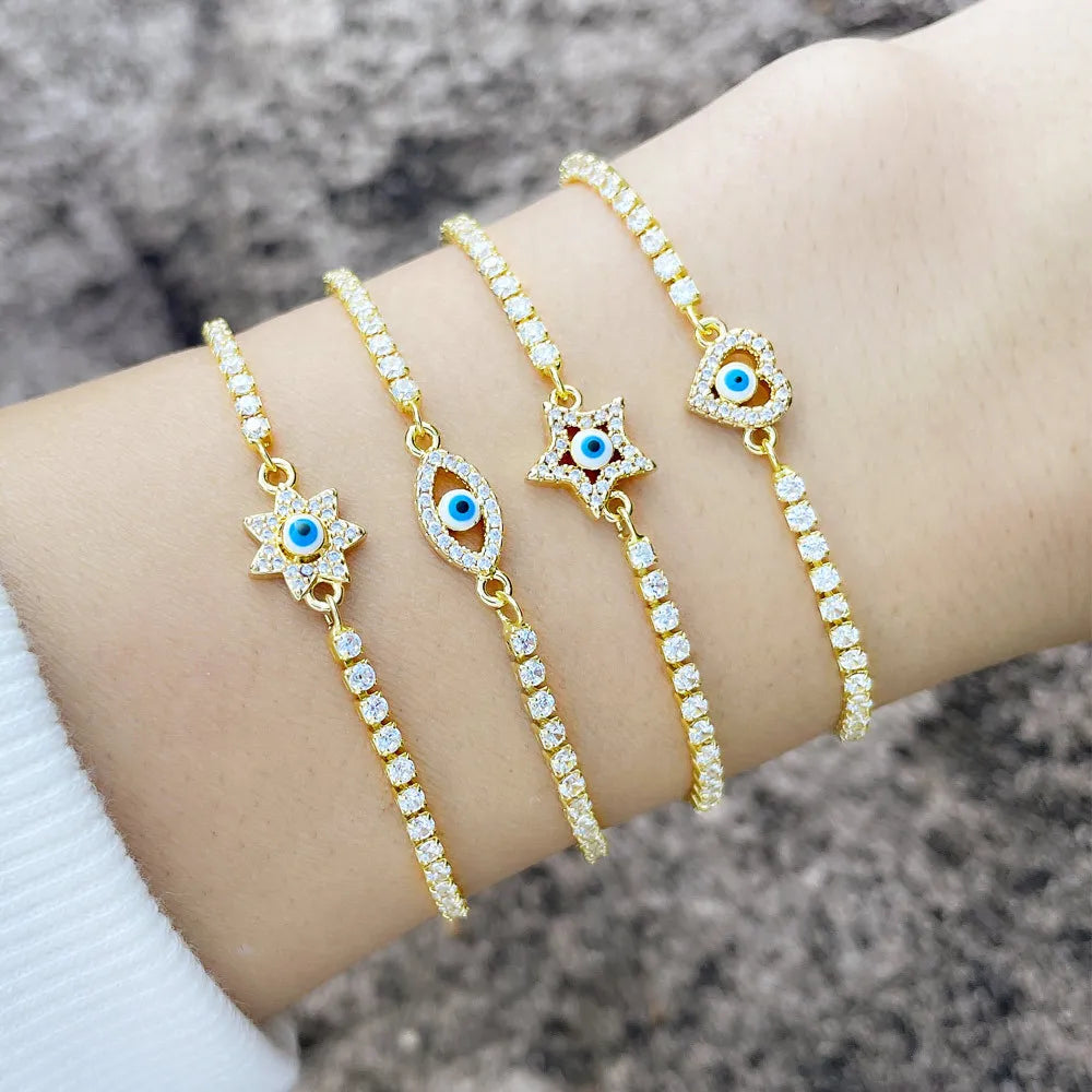 Wholesale New Trends Evil Eye Heart Zircon Tennis Chain Bracelet 18K Gold Plated Adjustable Bracelet for Women