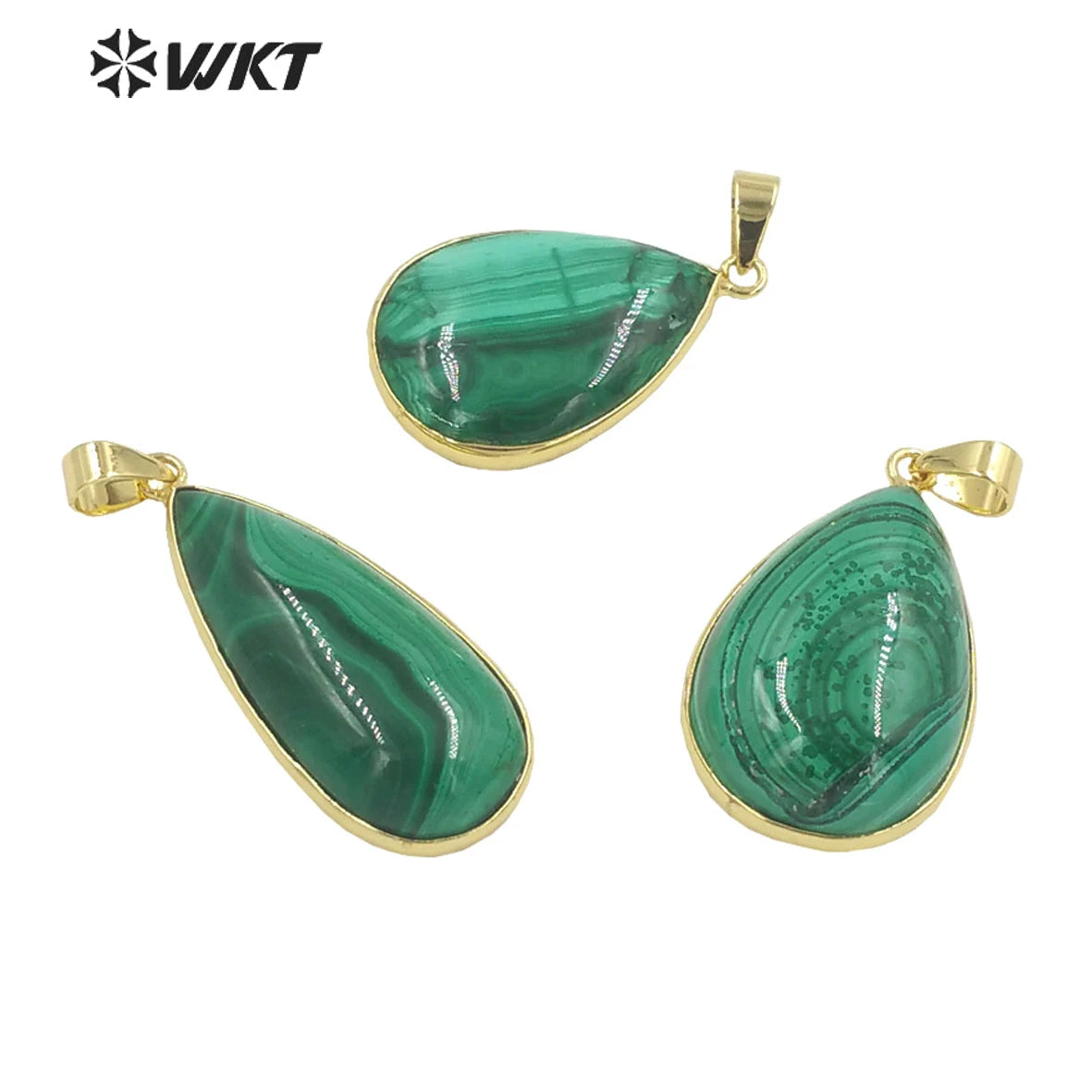 WT-P1861 WKT Newest Precious Natural Green Stone Pendant Randomly Size Teardrop Pendant 18k Gold Plated Bezel Malachite Penda