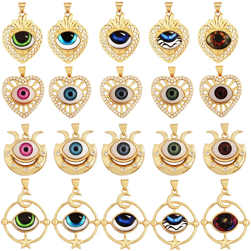 Acred Sacred Mexico Heart Evil Realistic Colorful Eye Charm PendantStar Moon Zircon Jewelry Necklace Bracelet DIY Supplies M8