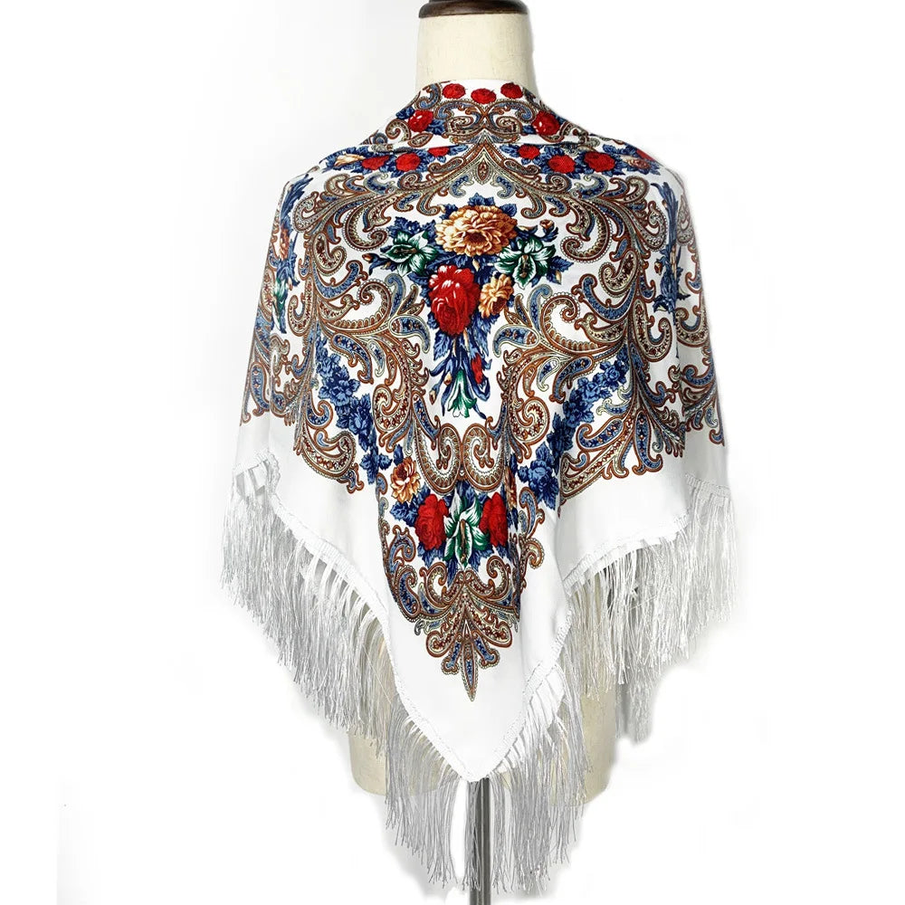 90x90 Russian Floral Paisley Fringe Shawl Vintage Square Headscarf Bohemian Women Printed Wrap Scarf for Holiday Gift Travel