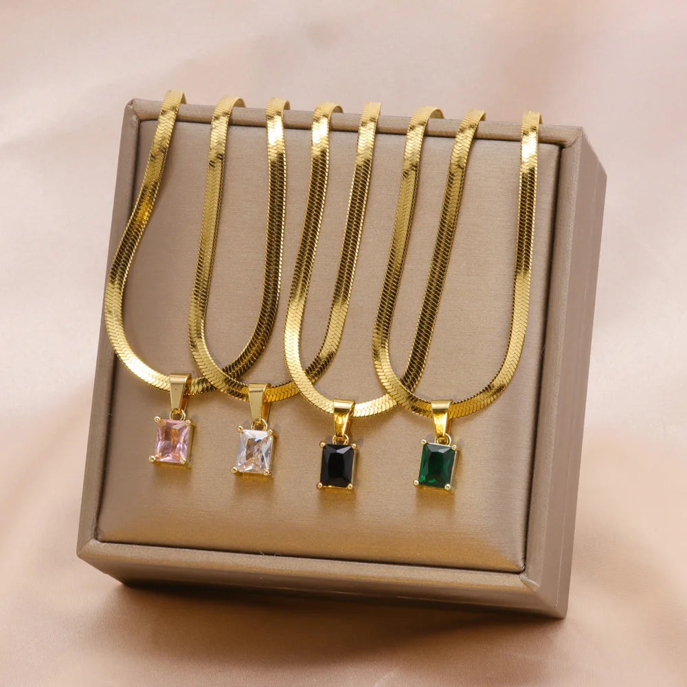 Wholesale 4 Colors Tarnish Free 18k Gold Plated Stainless Steel Snake Chain CZ Zircon Pendant Necklace Women