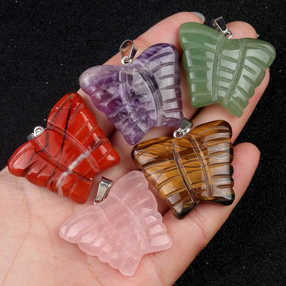 30*35mm Big Butterfly Gemstone Pendant Healing Crystal Natural Rose Quartz Carved Butterfly Charm Necklace Pendant Accessorie