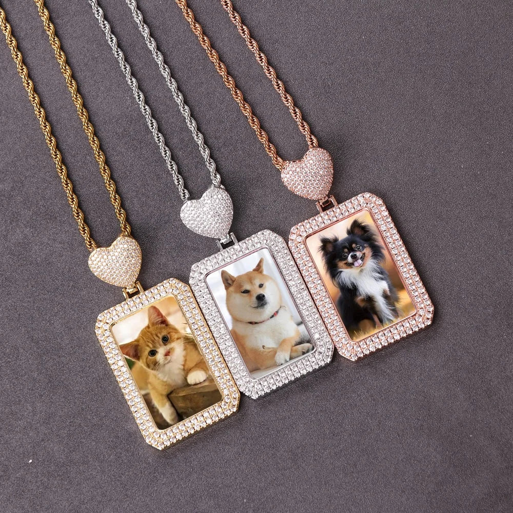 Hip Hop Fashion Custom Heart Hook Picture Pendant Square Sublimation Frame Inlaid CZ Photo Memory Medal Photo Pendant Necklac