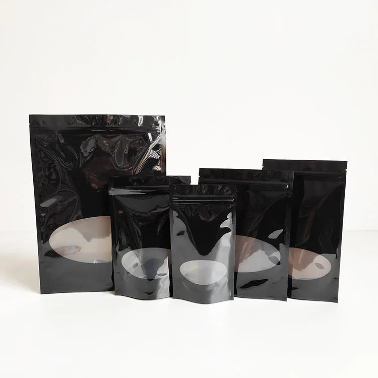 10.5x19cm New Arrival Plastic Zip Lock Black Packaging Bags Resealable Glossy Stand up Pouch with Clear Window